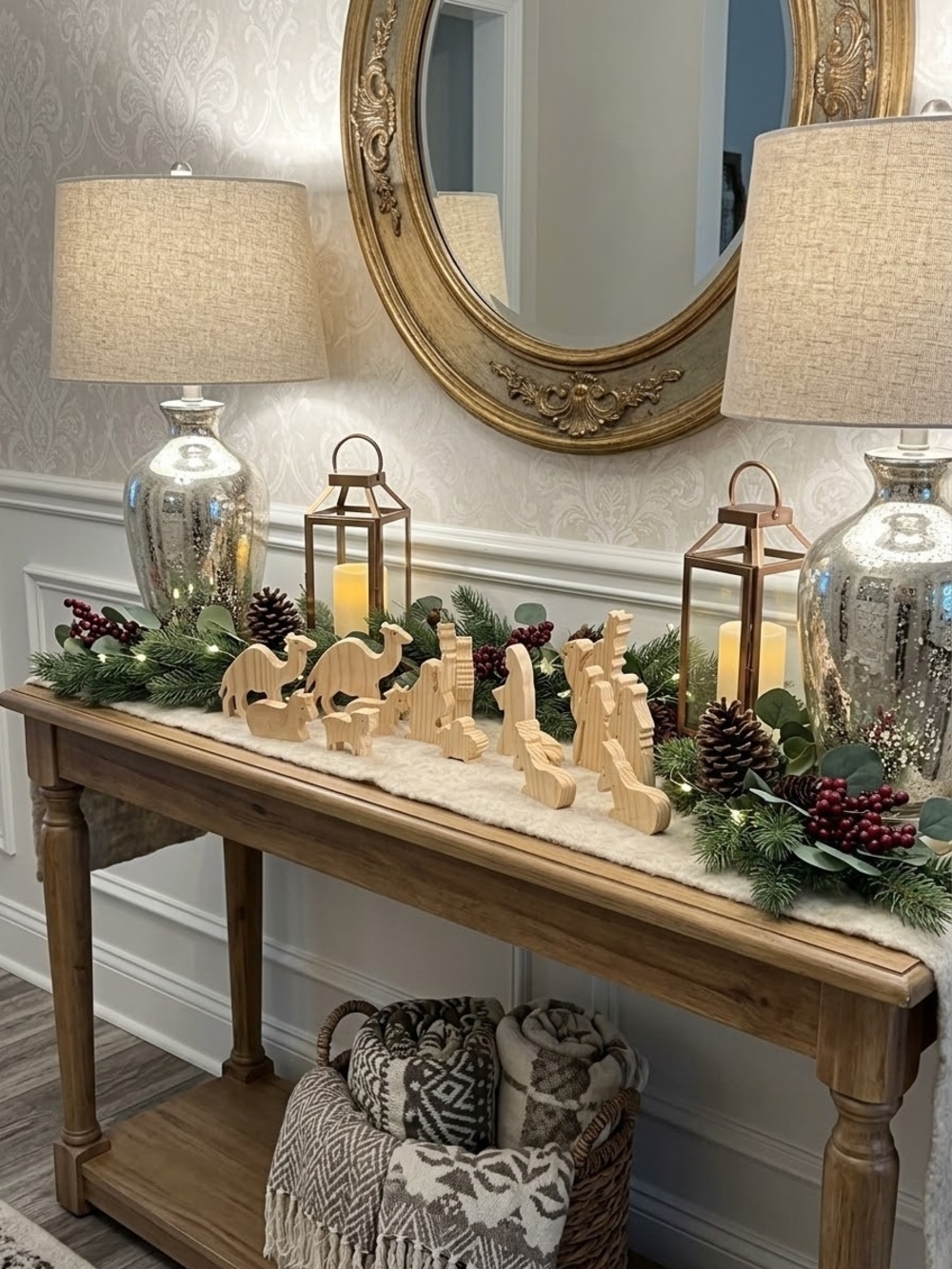 Wood Nativity Figurines Set, Natural Solid 5 in, Camel Donkey Sheep Animals